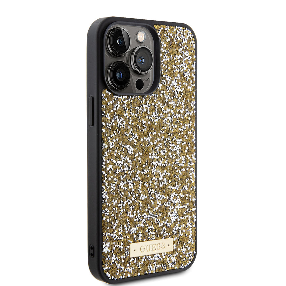Kotelo Apple iPhone 15 Prolle, Guess, Rhinestone Metal Logo, Keltainen