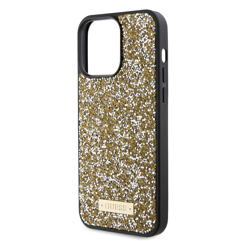 Kotelo Apple iPhone 15 Prolle, Guess, Rhinestone Metal Logo, Keltainen