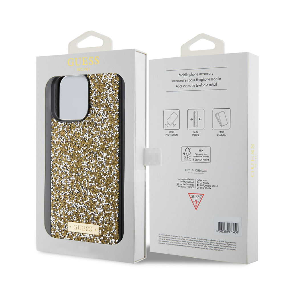 Kotelo Apple iPhone 15 Prolle, Guess, Rhinestone Metal Logo, Keltainen