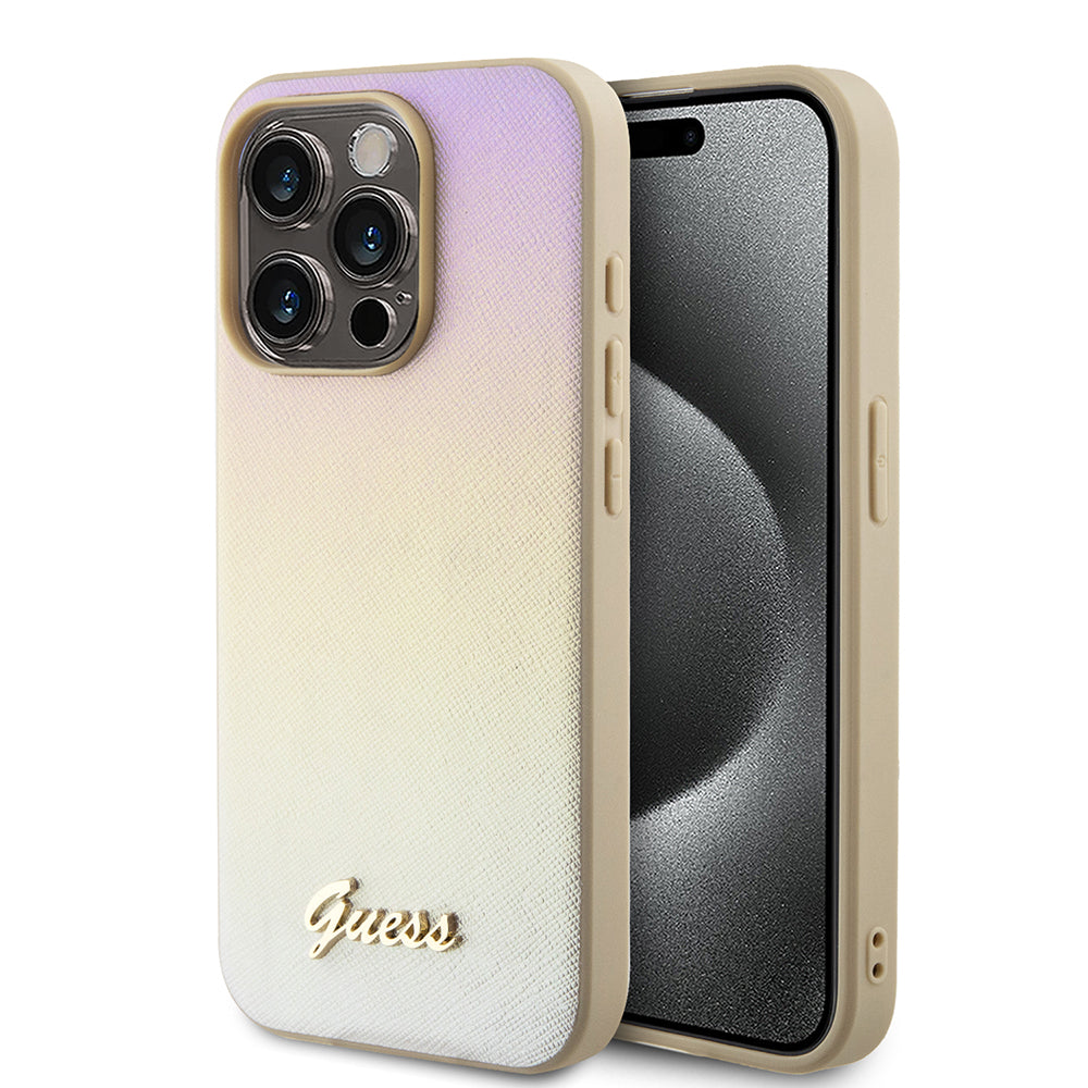Kotelo Apple iPhone 15 Prolle, Guess, Saffiano Iridescent Script, Kultainen