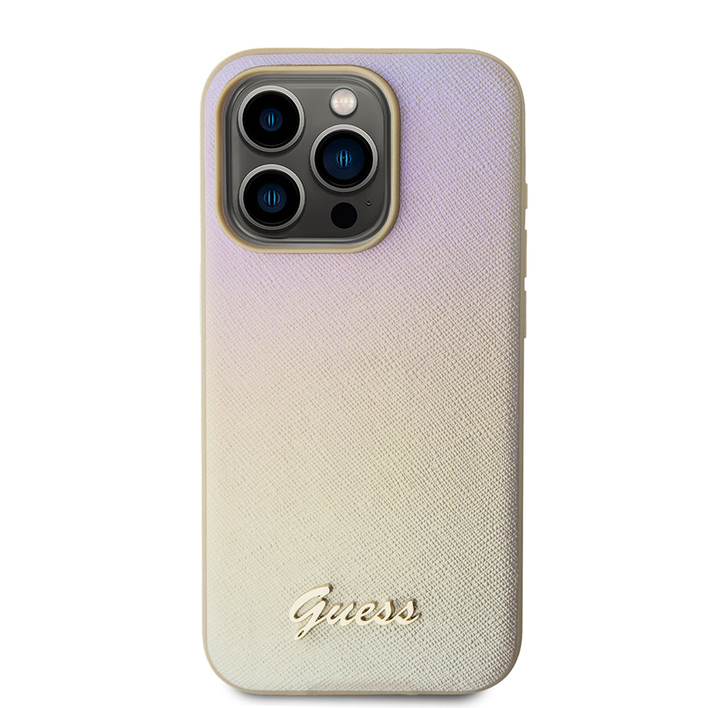 Kotelo Apple iPhone 15 Prolle, Guess, Saffiano Iridescent Script, Kultainen