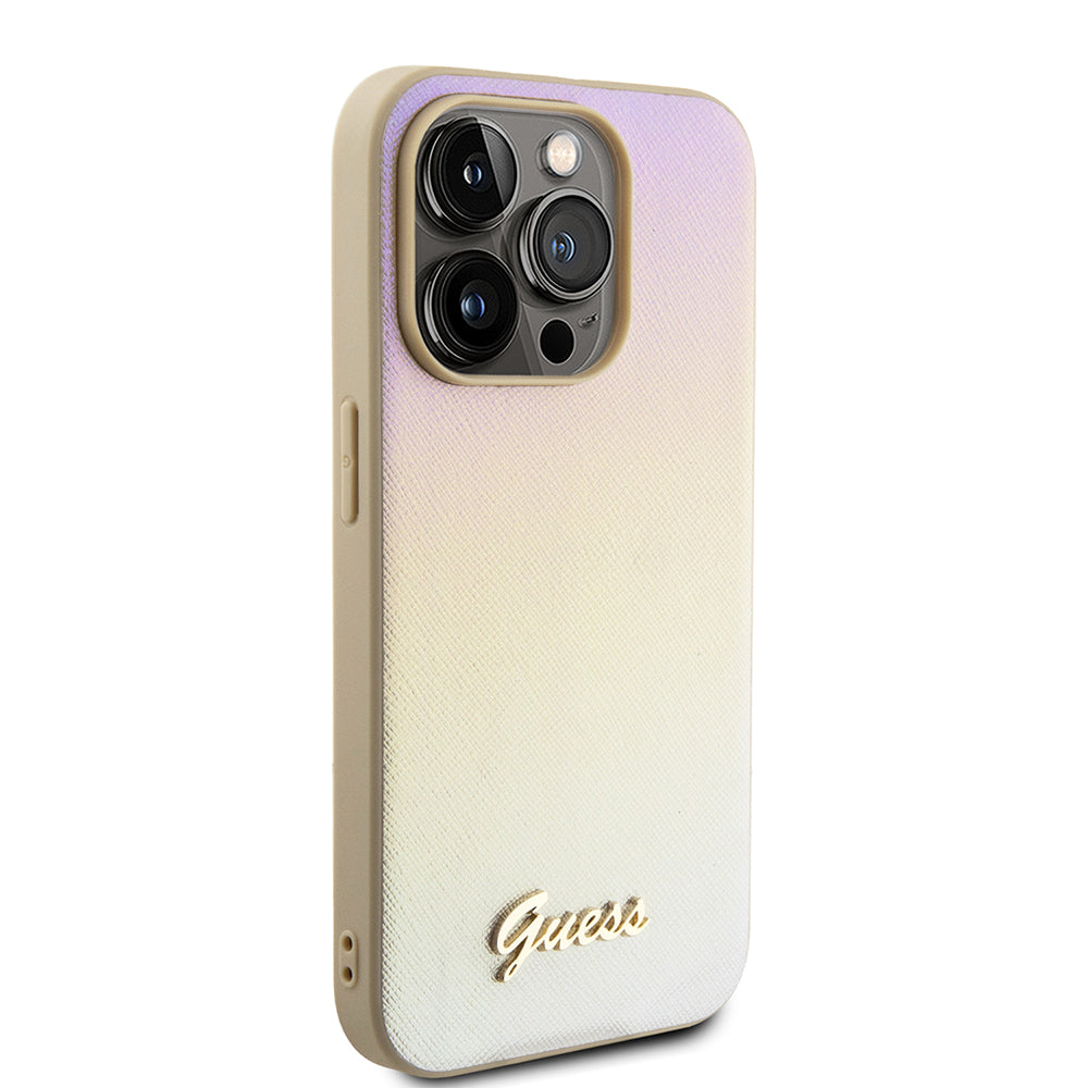 Kotelo Apple iPhone 15 Prolle, Guess, Saffiano Iridescent Script, Kultainen