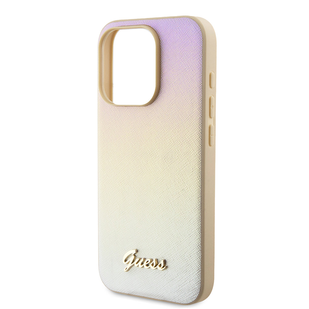 Kotelo Apple iPhone 15 Prolle, Guess, Saffiano Iridescent Script, Kultainen