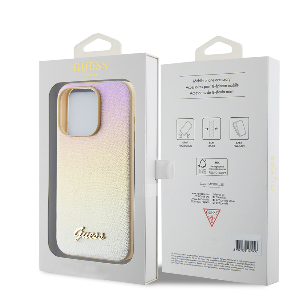 Kotelo Apple iPhone 15 Prolle, Guess, Saffiano Iridescent Script, Kultainen