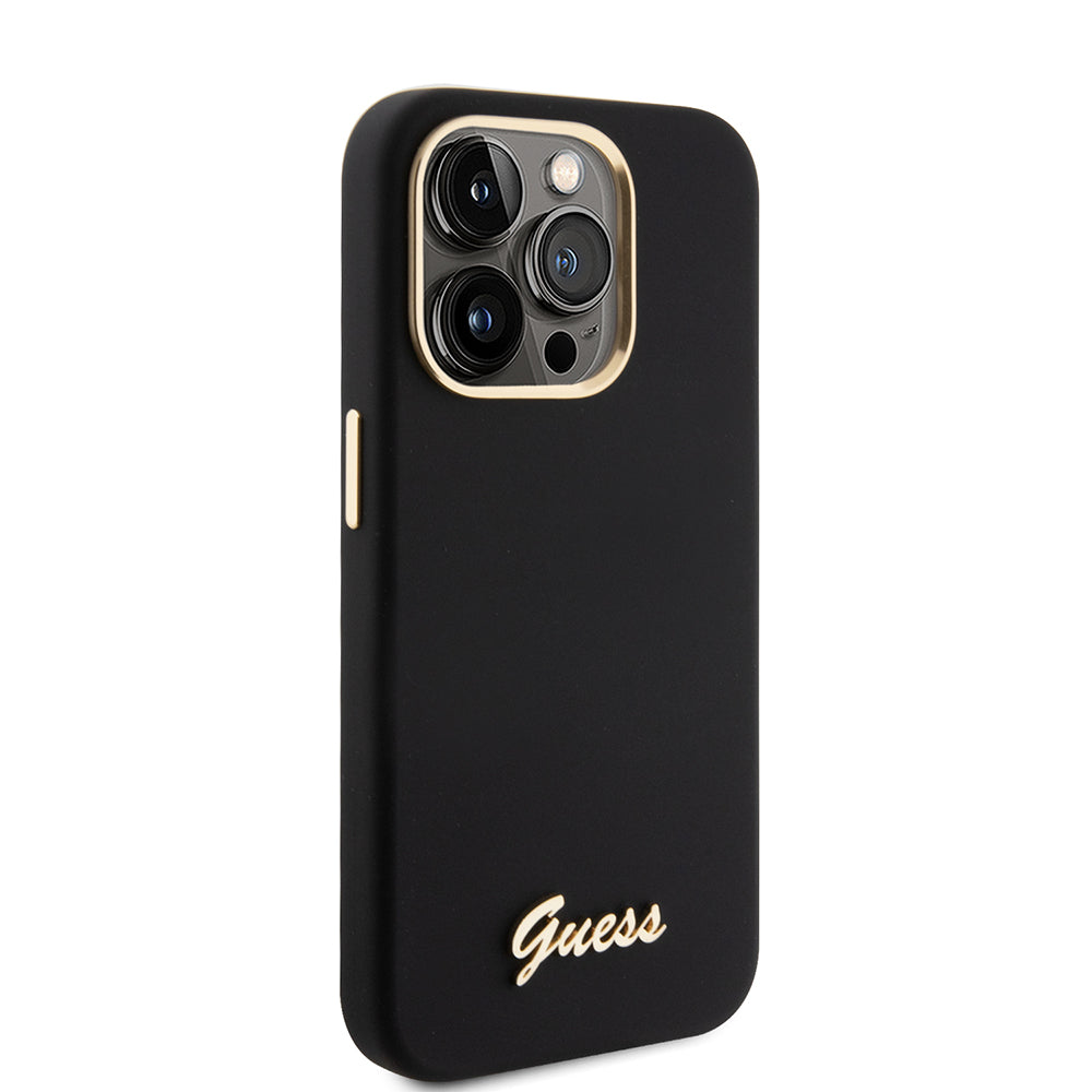 Kotelo Apple iPhone 15 Prolle, Guess, Script Metal Logo & Frame, Musta