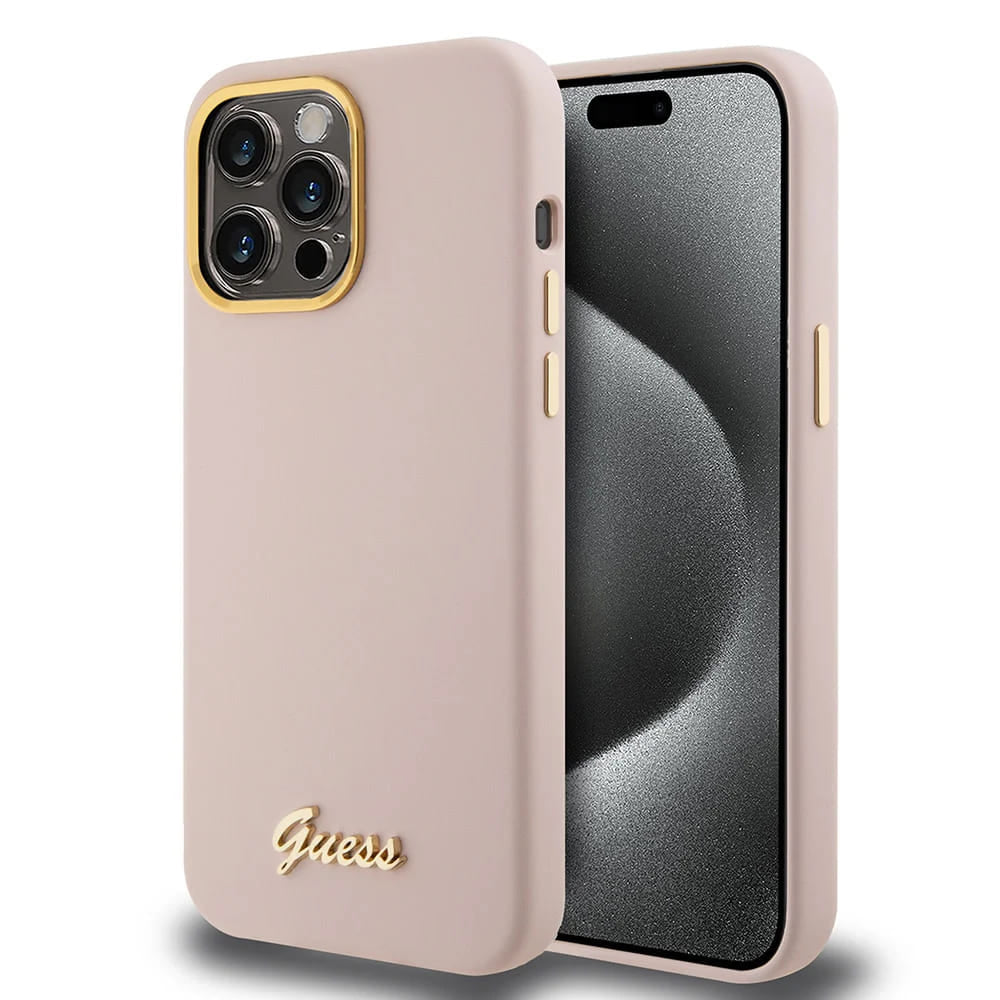 Suojakotelo Apple iPhone 15 Prolle, Guess, Script Metal Logo & Frame, Vaaleanpunainen