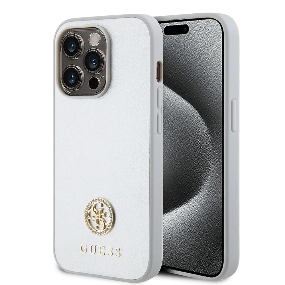 Kotelo Apple iPhone 15 Prolle, Guess, Strass Metal Logo, Hopeanvärinen