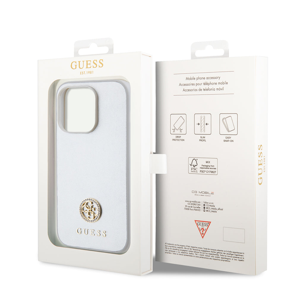 Kotelo Apple iPhone 15 Prolle, Guess, Strass Metal Logo, Hopeanvärinen