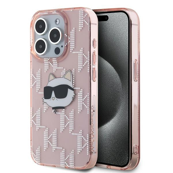 Kotelo Apple iPhone 15 Prolle, Karl Lagerfeld, IML Luxury Monogram Choupette's Head, Pinkki