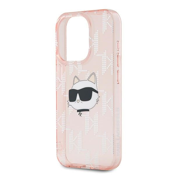 Kotelo Apple iPhone 15 Prolle, Karl Lagerfeld, IML Luxury Monogram Choupette's Head, Pinkki