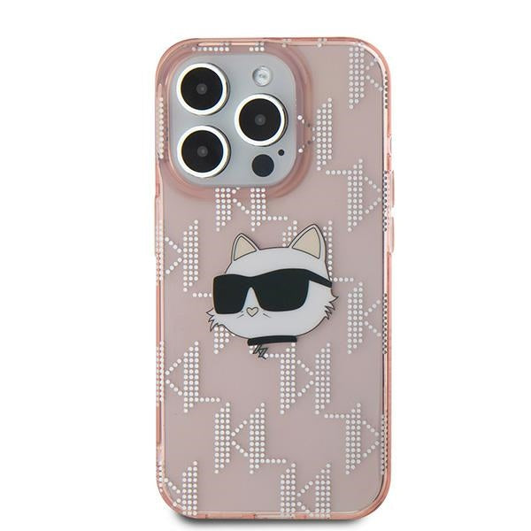Kotelo Apple iPhone 15 Prolle, Karl Lagerfeld, IML Luxury Monogram Choupette's Head, Pinkki