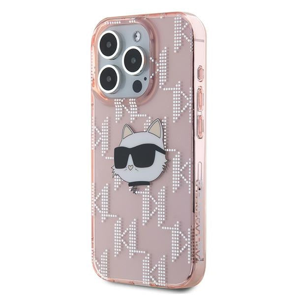 Kotelo Apple iPhone 15 Prolle, Karl Lagerfeld, IML Luxury Monogram Choupette's Head, Pinkki