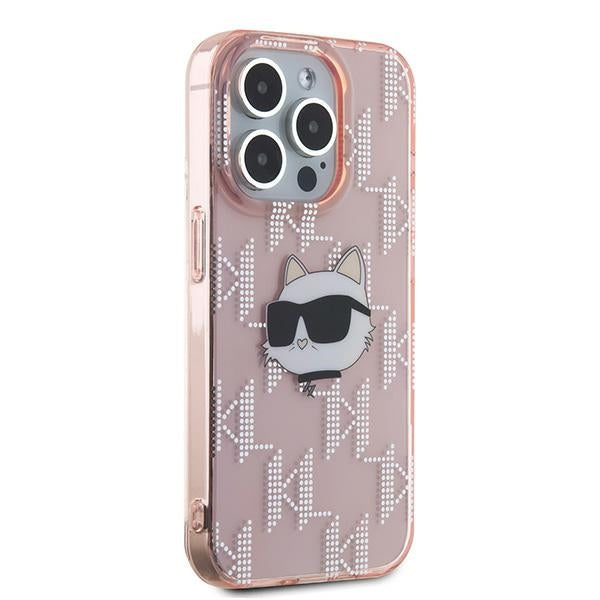 Kotelo Apple iPhone 15 Prolle, Karl Lagerfeld, IML Luxury Monogram Choupette's Head, Pinkki