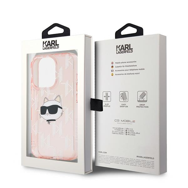 Kotelo Apple iPhone 15 Prolle, Karl Lagerfeld, IML Luxury Monogram Choupette's Head, Pinkki