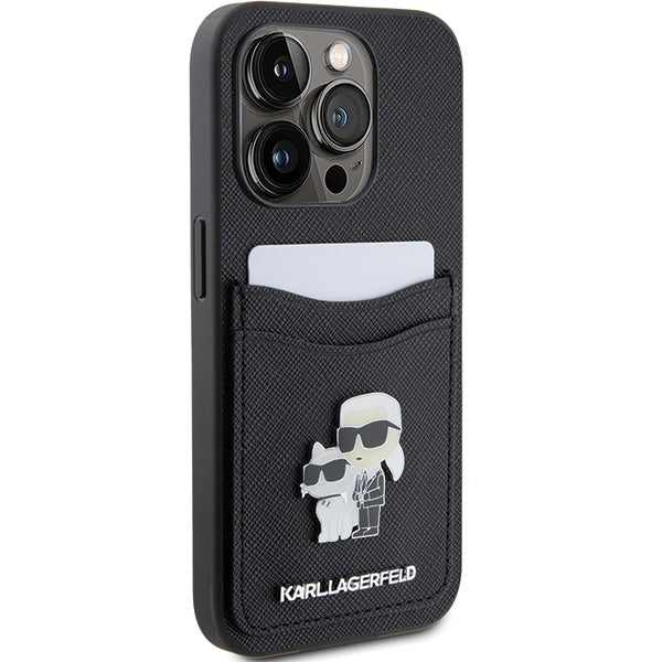 Suojakotelo Apple iPhone 15 Prolle, Karl Lagerfeld, Saffiano Card Slot Metal Karl & Choupette, Musta
