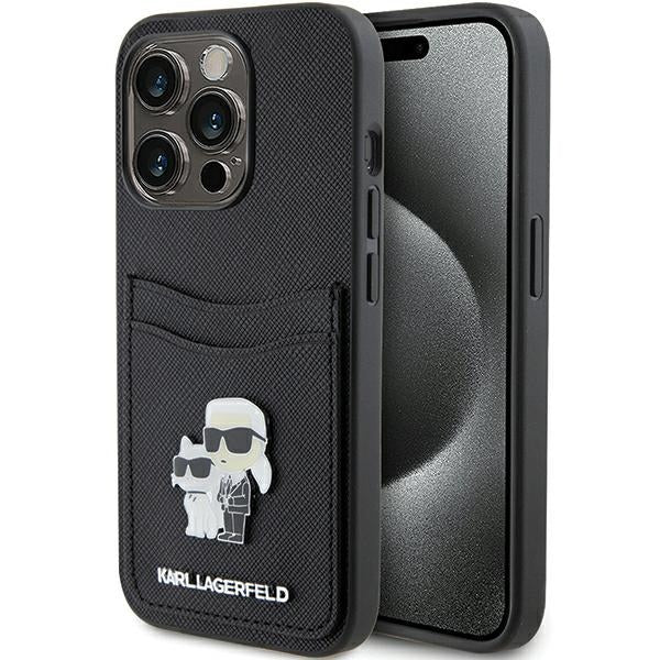 Suojakotelo Apple iPhone 15 Prolle, Karl Lagerfeld, Saffiano Card Slot Metal Karl & Choupette, Musta