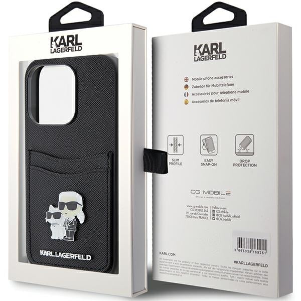 Suojakotelo Apple iPhone 15 Prolle, Karl Lagerfeld, Saffiano Card Slot Metal Karl & Choupette, Musta