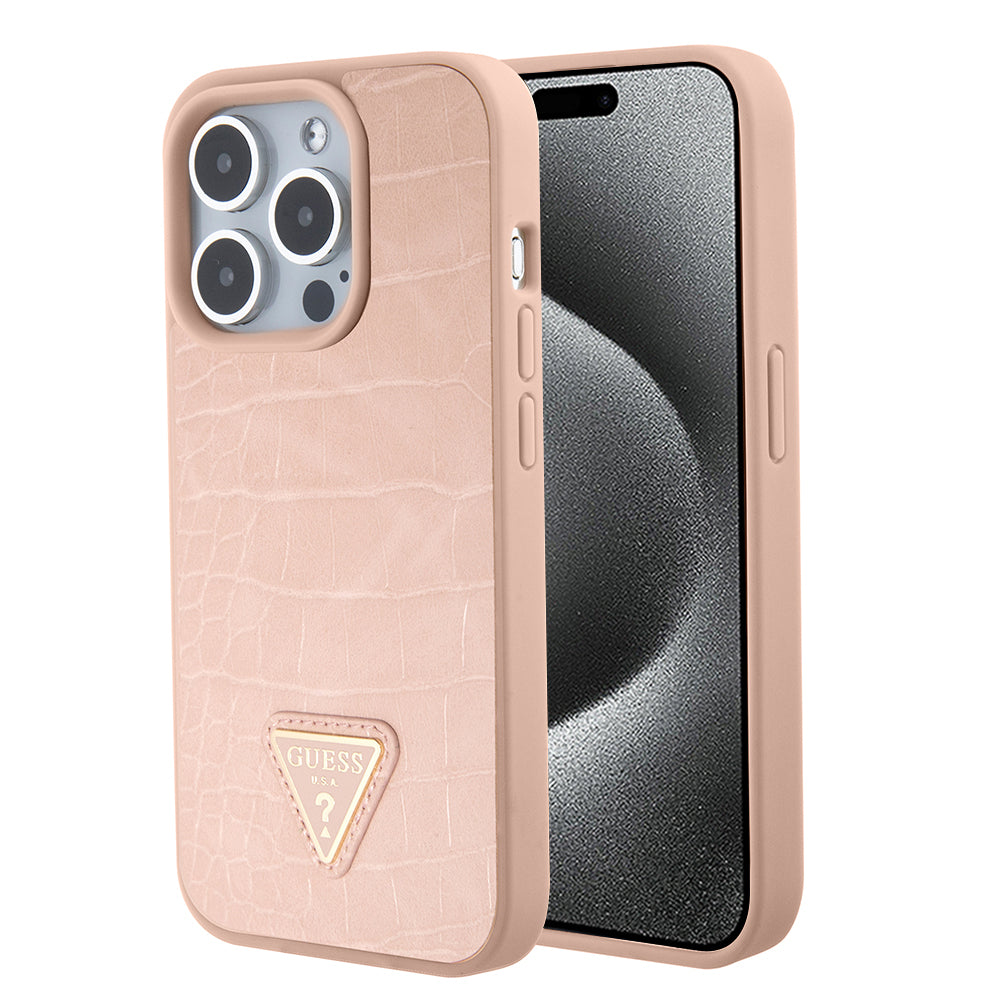 Kotelo Apple iPhone 15 Pro Maxille, Guess, Croco Triangle Metal Logo, Pinkki