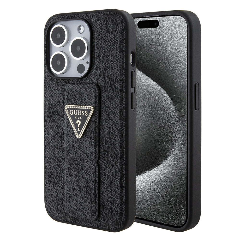 Suojakotelo Apple iPhone 15 Pro Max, Guess, Grip Stand 4G Triangle Strass, Musta