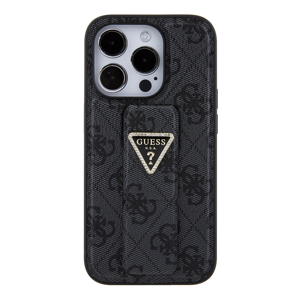 Suojakotelo Apple iPhone 15 Pro Max, Guess, Grip Stand 4G Triangle Strass, Musta
