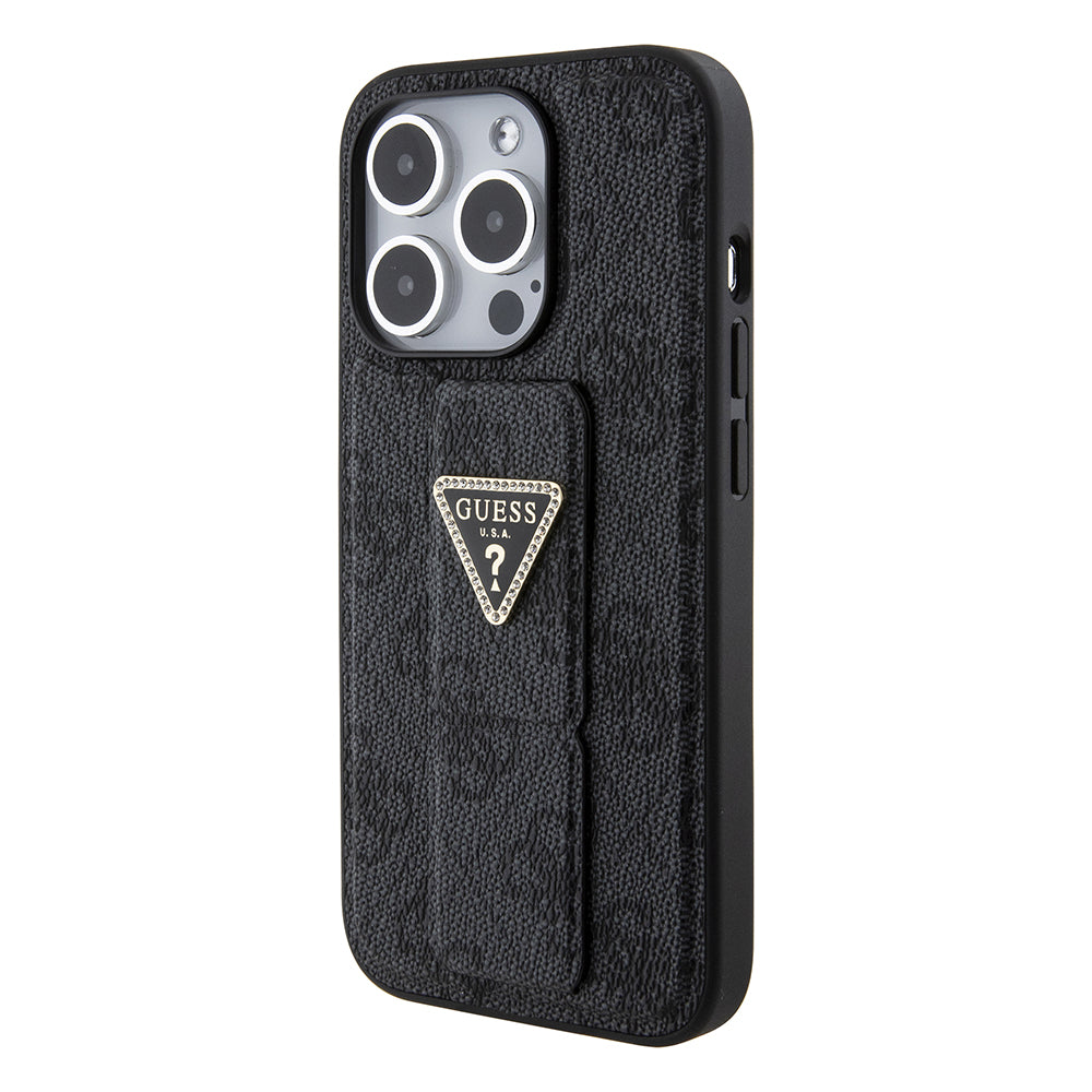 Suojakotelo Apple iPhone 15 Pro Max, Guess, Grip Stand 4G Triangle Strass, Musta