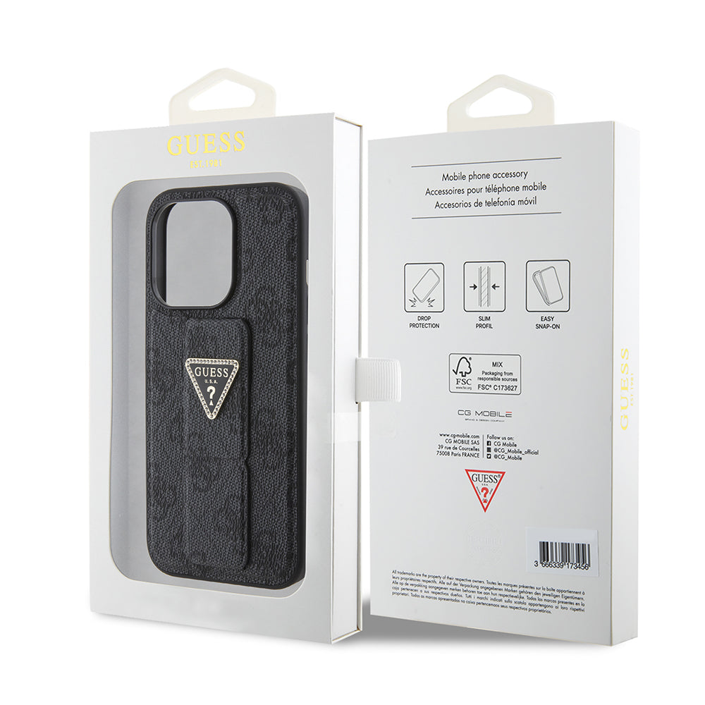 Suojakotelo Apple iPhone 15 Pro Max, Guess, Grip Stand 4G Triangle Strass, Musta