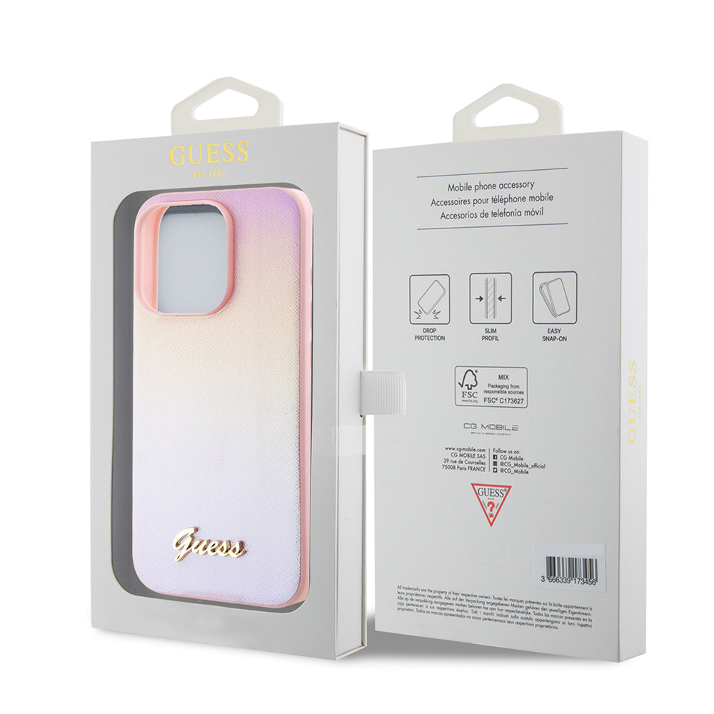 Kotelo Apple iPhone 15 Pro Maxille, Guess, Iridescent Metal Script, Pinkki