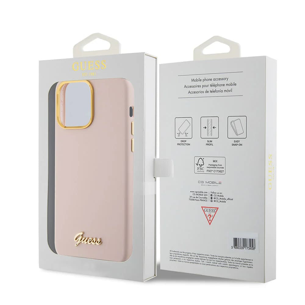 Kotelo Apple iPhone 15 Pro Maxille, Guess, Script Metal Logo & Frame, Vaaleanpunainen