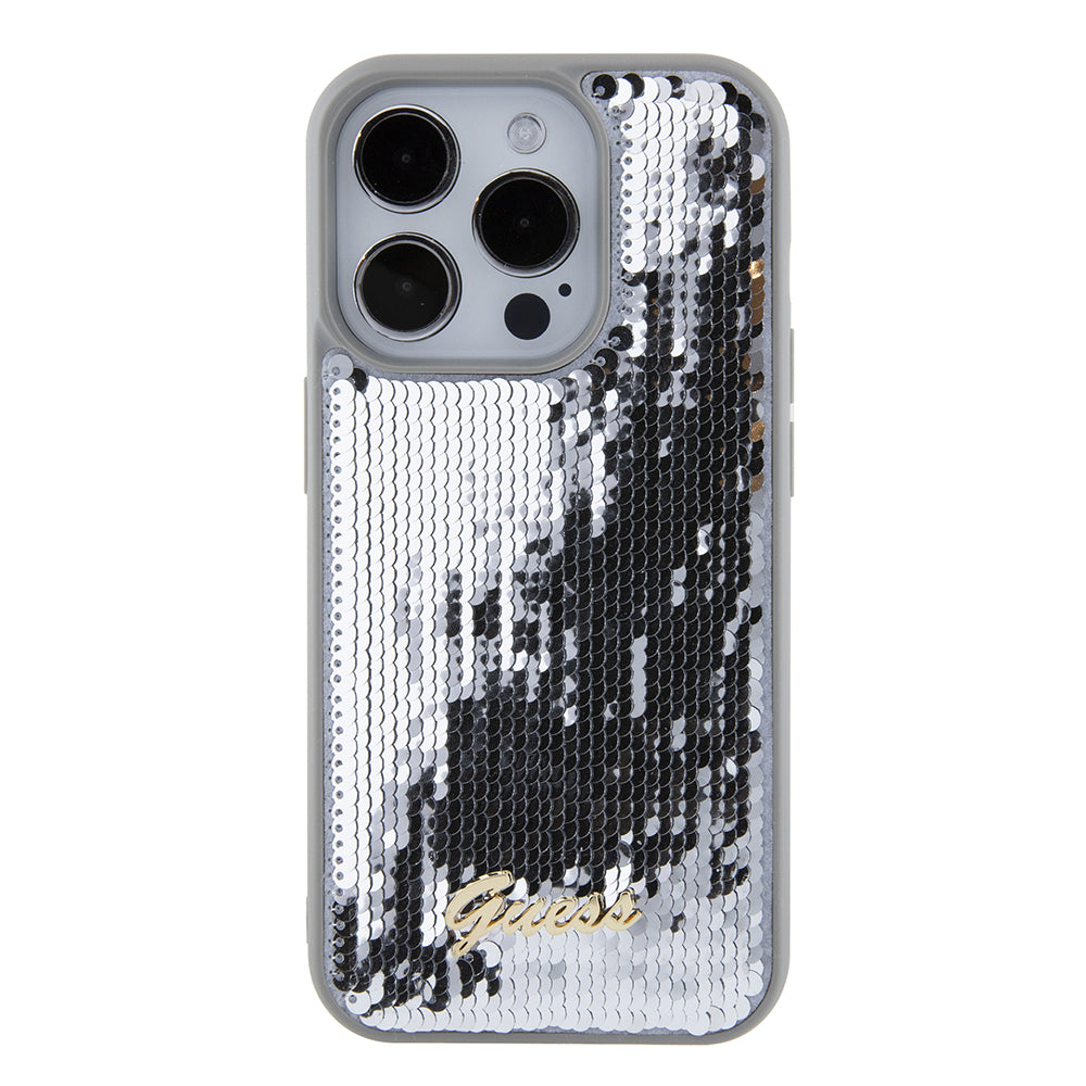Kotelo Apple iPhone 15 Pro Maxille, Guess, Sequin Script Metal, Hopeanvärinen