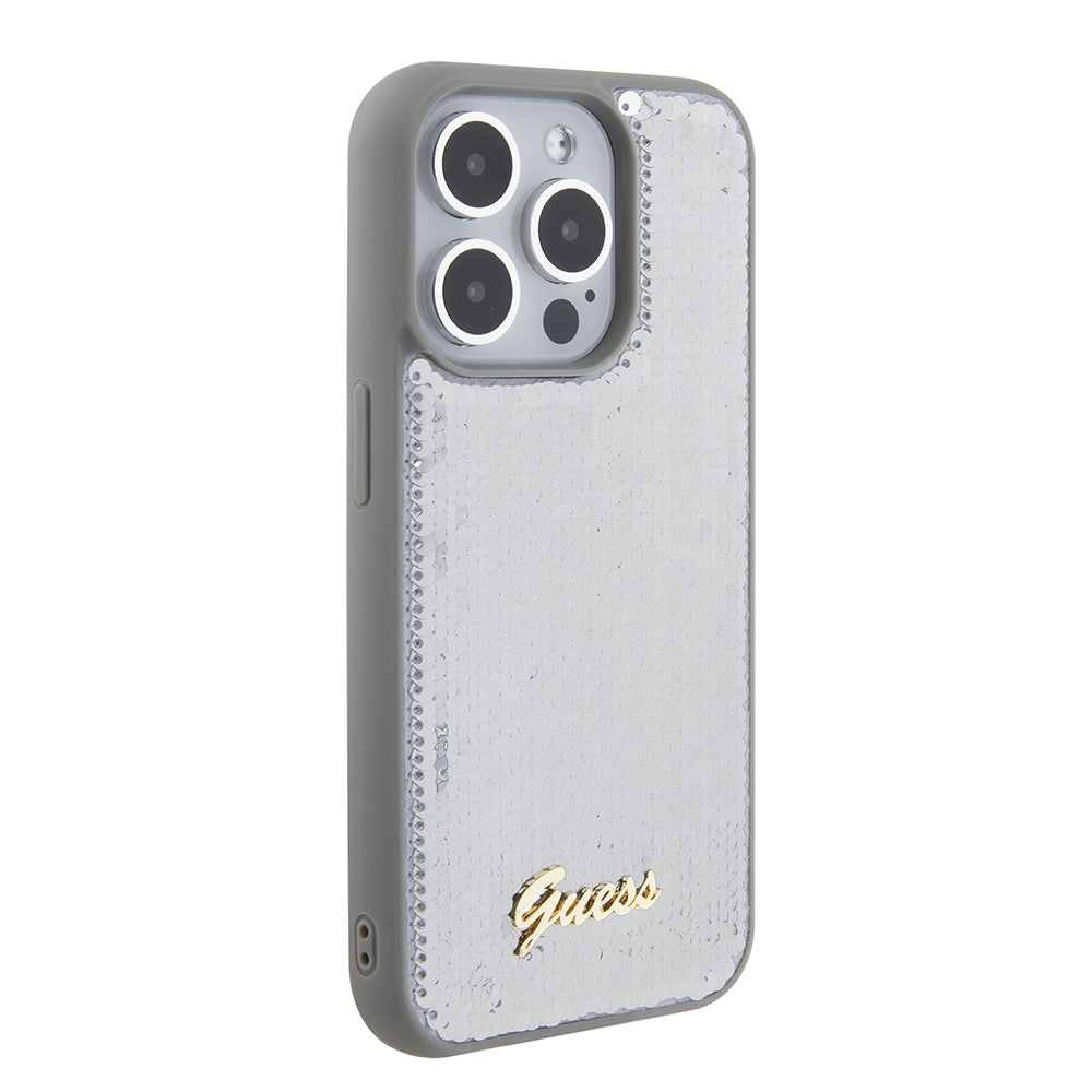Kotelo Apple iPhone 15 Pro Maxille, Guess, Sequin Script Metal, Hopeanvärinen
