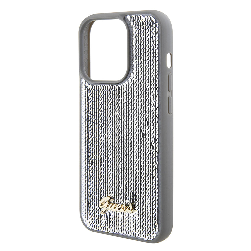 Kotelo Apple iPhone 15 Pro Maxille, Guess, Sequin Script Metal, Hopeanvärinen