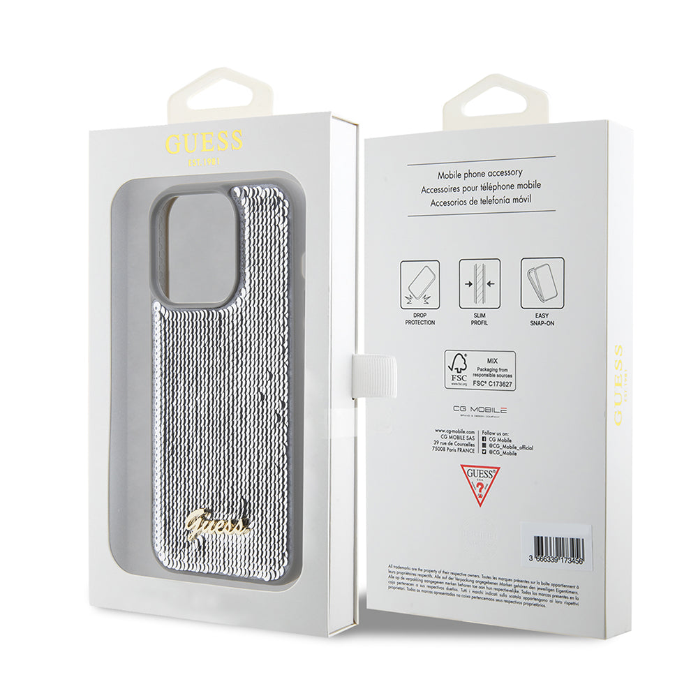 Kotelo Apple iPhone 15 Pro Maxille, Guess, Sequin Script Metal, Hopeanvärinen