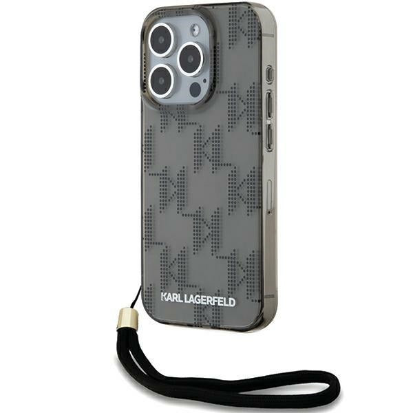 Suojakotelo Apple iPhone 15 Pro Max:lle, Karl Lagerfeld, IML Luxury Monogram KL -kuviolla ja hihnalla, Musta
