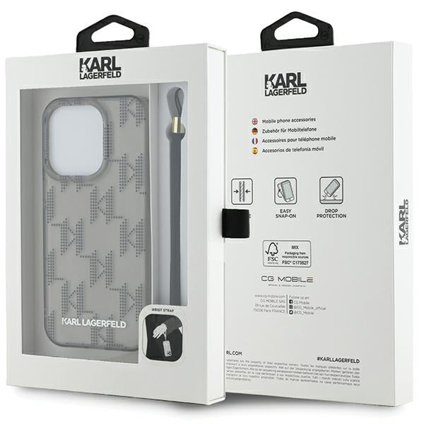 Suojakotelo Apple iPhone 15 Pro Max:lle, Karl Lagerfeld, IML Luxury Monogram KL -kuviolla ja hihnalla, Musta