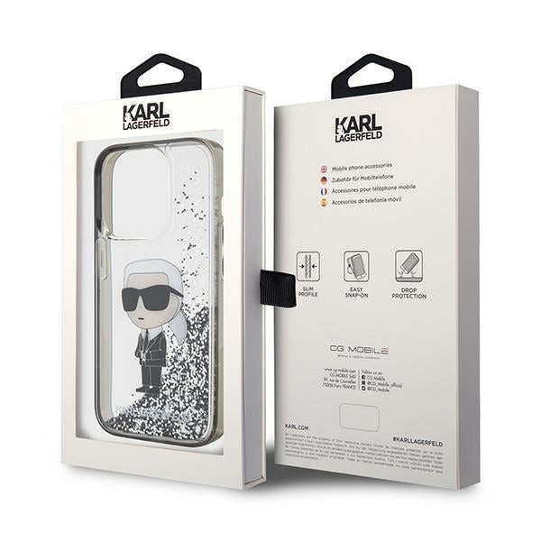 Kotelo Apple iPhone 15 Pro Max:lle, Karl Lagerfeld, Liquid Glitter Ikonik Karl, Läpinäkyvä