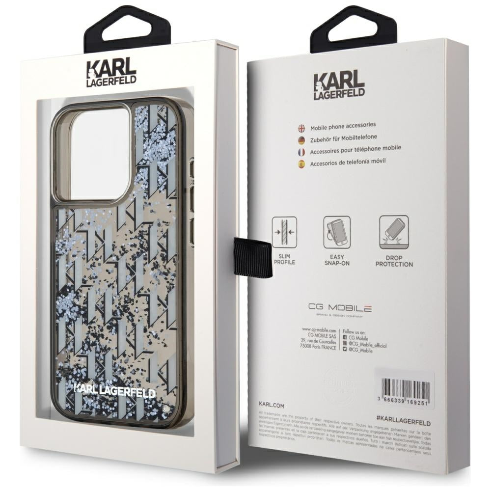 Suojakotelo Apple iPhone 15 Pro Max:lle, Karl Lagerfeld, Liquid Glitter Monogram, Musta