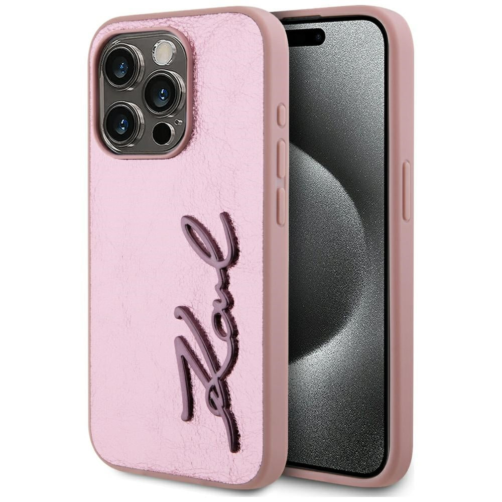 Kotelo Apple iPhone 15 Pro Maxille, Karl Lagerfeld, Metal Signature, Vaaleanpunainen