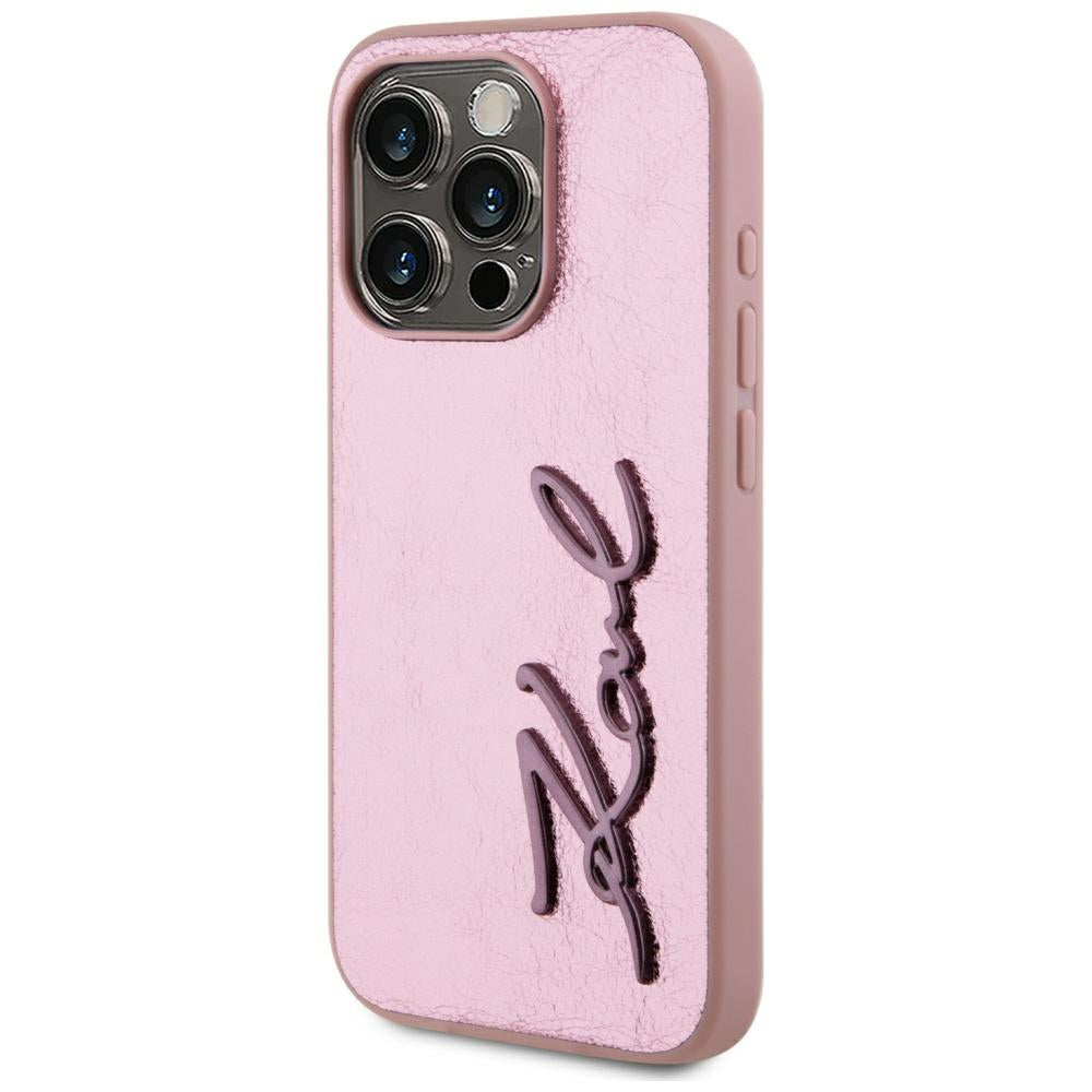 Kotelo Apple iPhone 15 Pro Maxille, Karl Lagerfeld, Metal Signature, Vaaleanpunainen