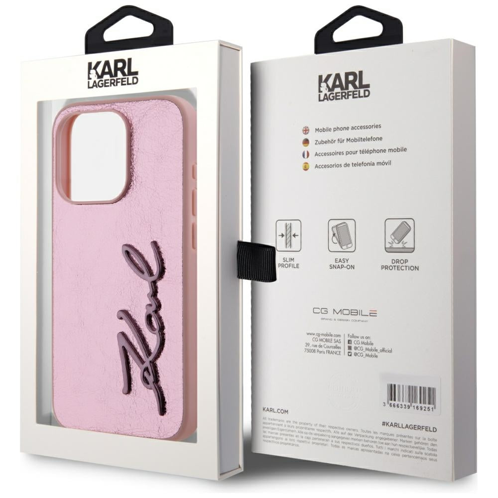 Kotelo Apple iPhone 15 Pro Maxille, Karl Lagerfeld, Metal Signature, Vaaleanpunainen