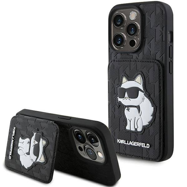 Suojakotelo Apple iPhone 15 Pro Max:lle, Karl Lagerfeld, Saffiano Cardslots and Stand Monogram Choupette, Musta