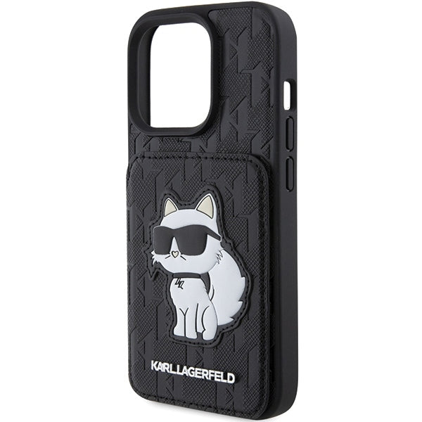 Suojakotelo Apple iPhone 15 Pro Max:lle, Karl Lagerfeld, Saffiano Cardslots and Stand Monogram Choupette, Musta