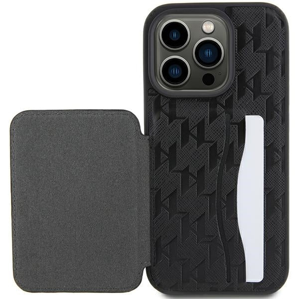 Suojakotelo Apple iPhone 15 Pro Max:lle, Karl Lagerfeld, Saffiano Cardslots and Stand Monogram Choupette, Musta