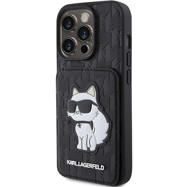 Suojakotelo Apple iPhone 15 Pro Max:lle, Karl Lagerfeld, Saffiano Cardslots and Stand Monogram Choupette, Musta