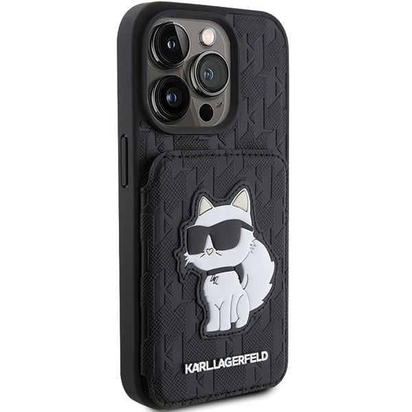 Suojakotelo Apple iPhone 15 Pro Max:lle, Karl Lagerfeld, Saffiano Cardslots and Stand Monogram Choupette, Musta