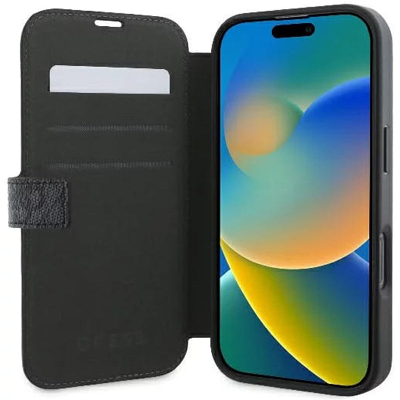 Suojakotelo Apple iPhone 16:lle, Guess, 4G Book, Musta