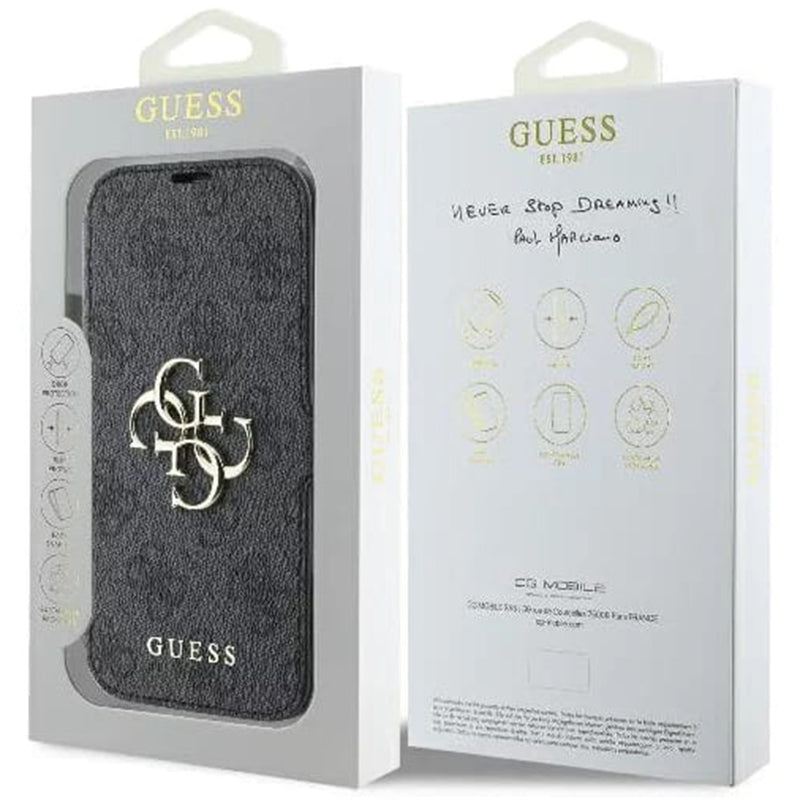 Suojakotelo Apple iPhone 16:lle, Guess, 4G Book, Musta