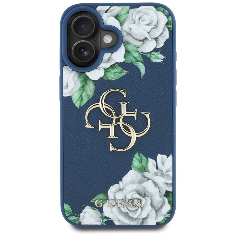 Suojakotelo Apple iPhone 16:lle, Guess, 4G Grained Roses Big Logo, Sininen