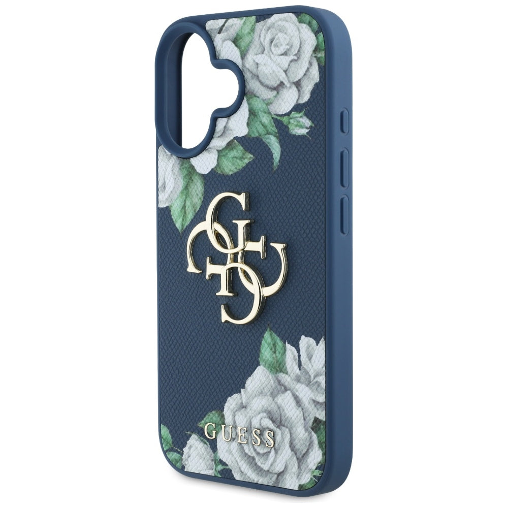 Suojakotelo Apple iPhone 16:lle, Guess, 4G Grained Roses Big Logo, Sininen