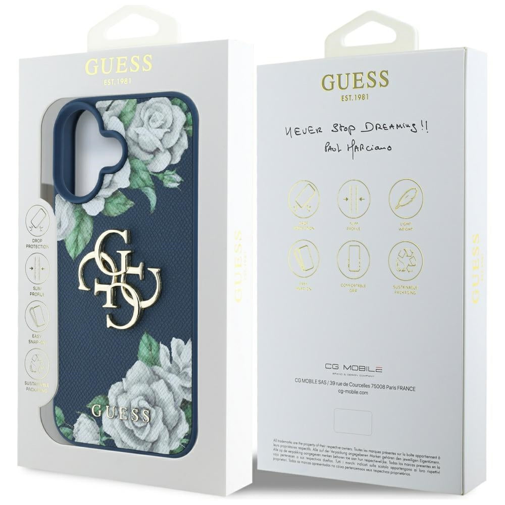 Suojakotelo Apple iPhone 16:lle, Guess, 4G Grained Roses Big Logo, Sininen