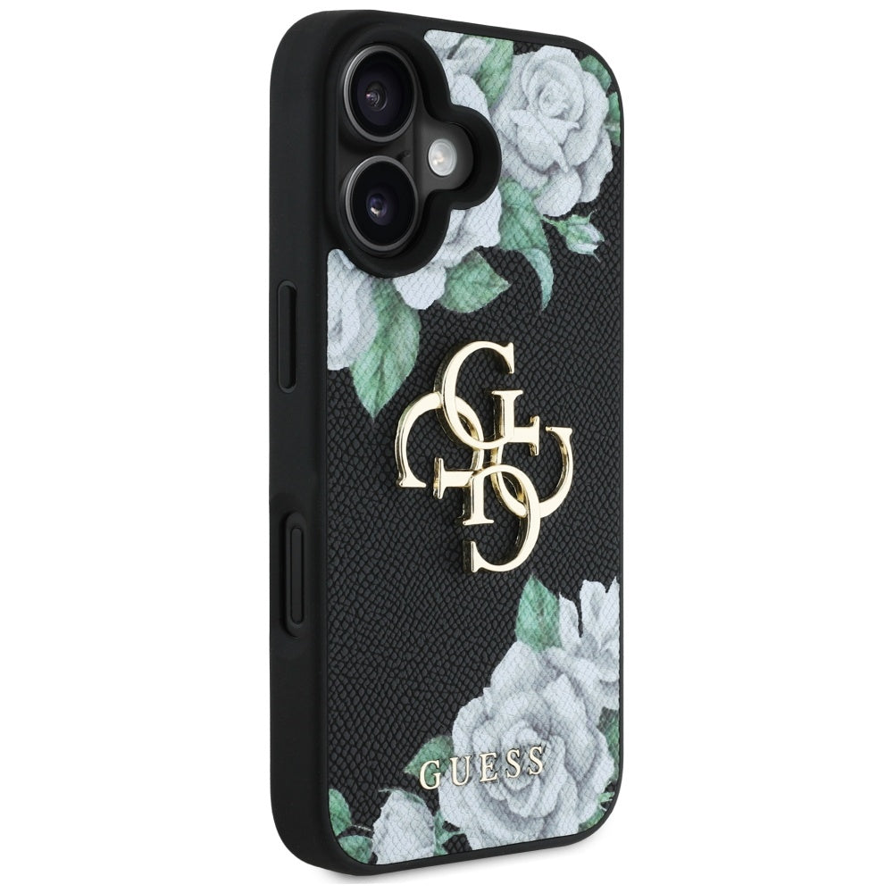 Kotelo Apple iPhone 16:lle, Guess, 4G Grained Roses Big Logo, Musta